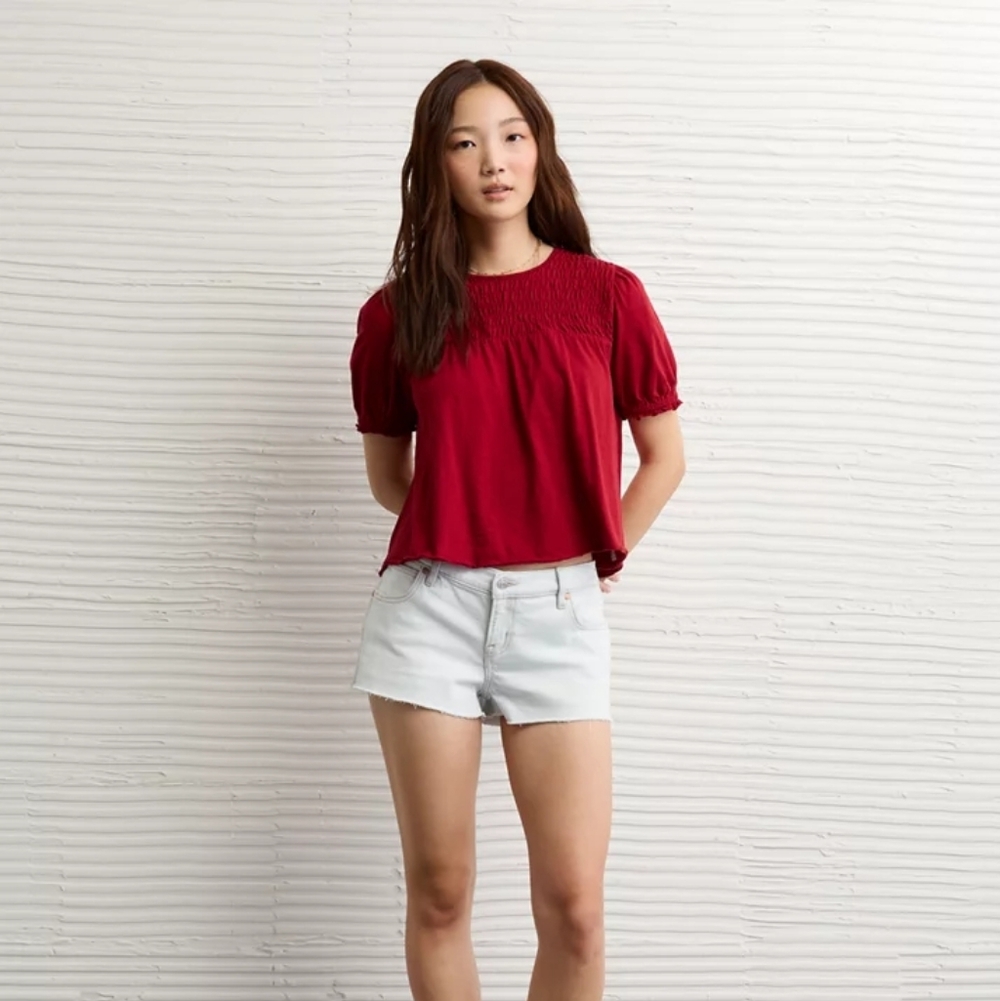 American Eagle Sunchaser Knit Puff Sleeve Smocked Top